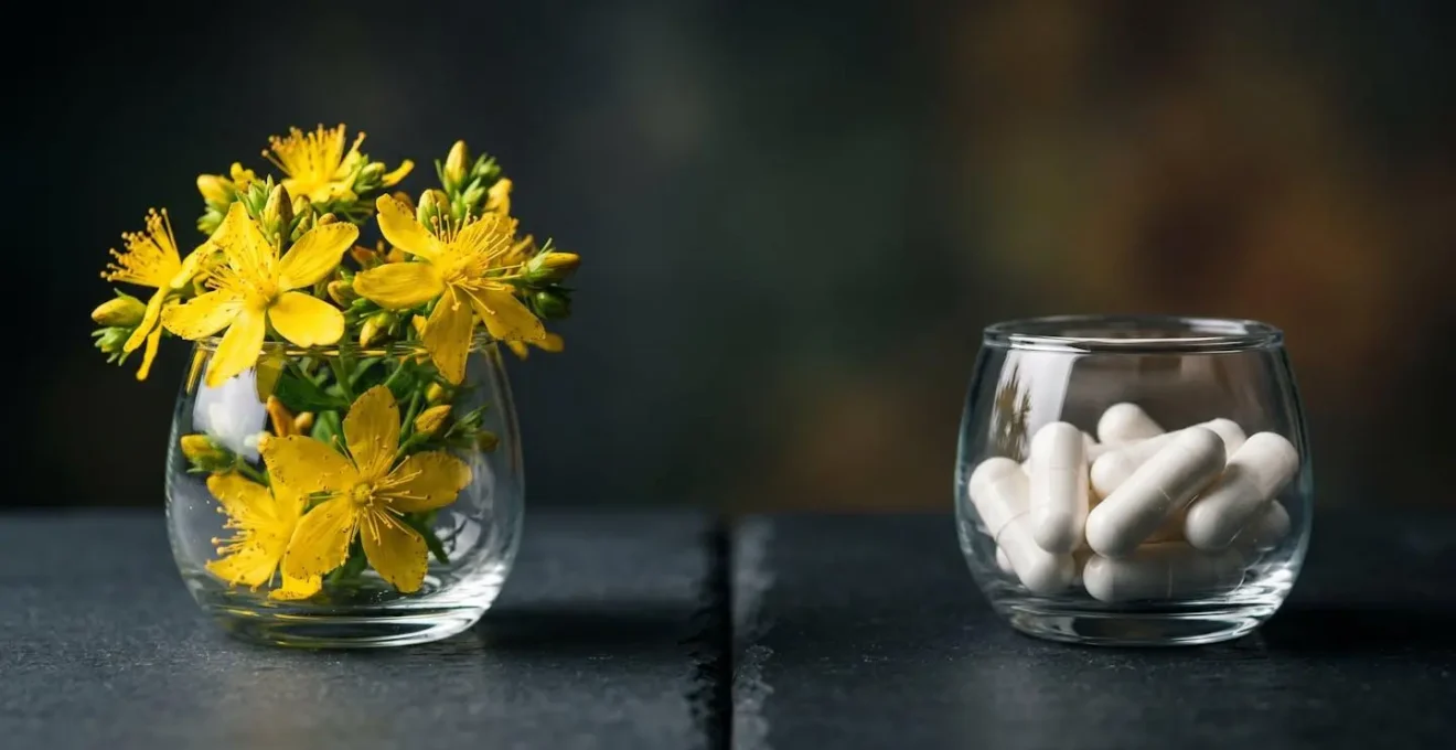 Symbolic representation of the dangerous interaction between natural supplements and pharmaceutical medications