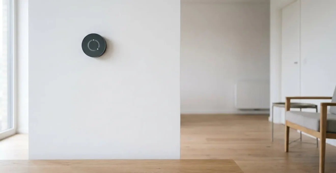 Minimalist wide shot of smart thermostat on wall in modern home interior with natural lighting