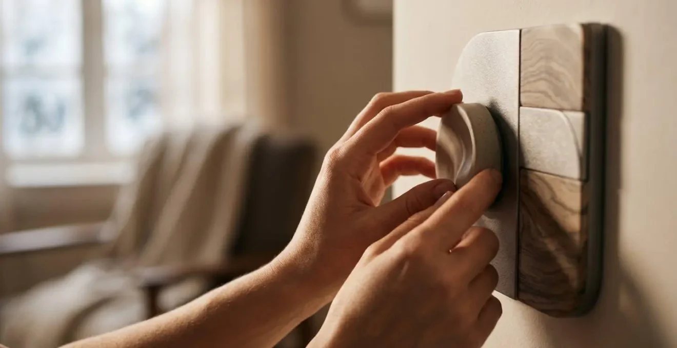 Close-up of hands adjusting smart home temperature control with winter atmosphere visible through window