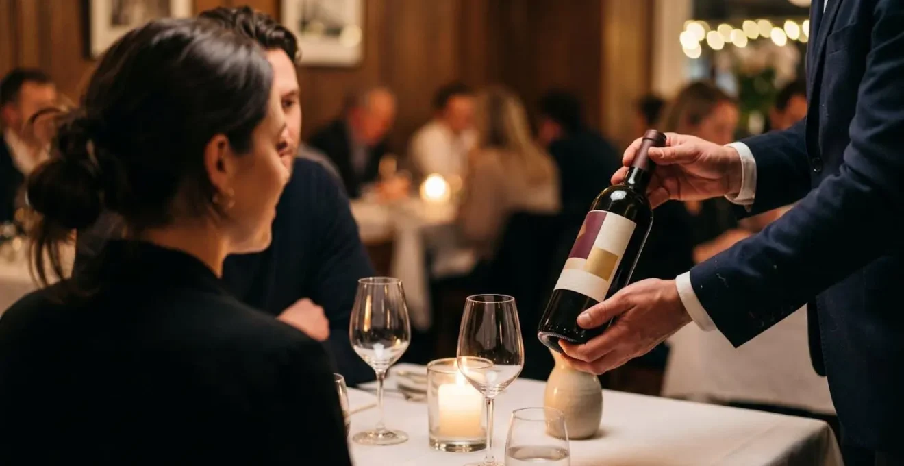 Sommelier presenting a wine bottle to a couple at an elegant restaurant table