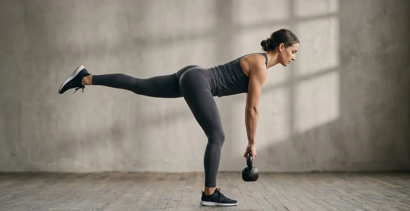 Adult demonstrating controlled movement exercise combining strength and flexibility in natural studio setting