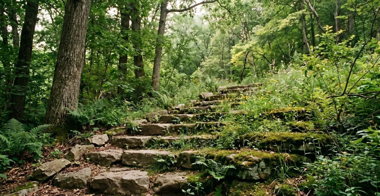 Visual representation of sustainability levels, showing ascending stone steps in a forest from bare stone (performative actions) to lush growth (regenerative practices).