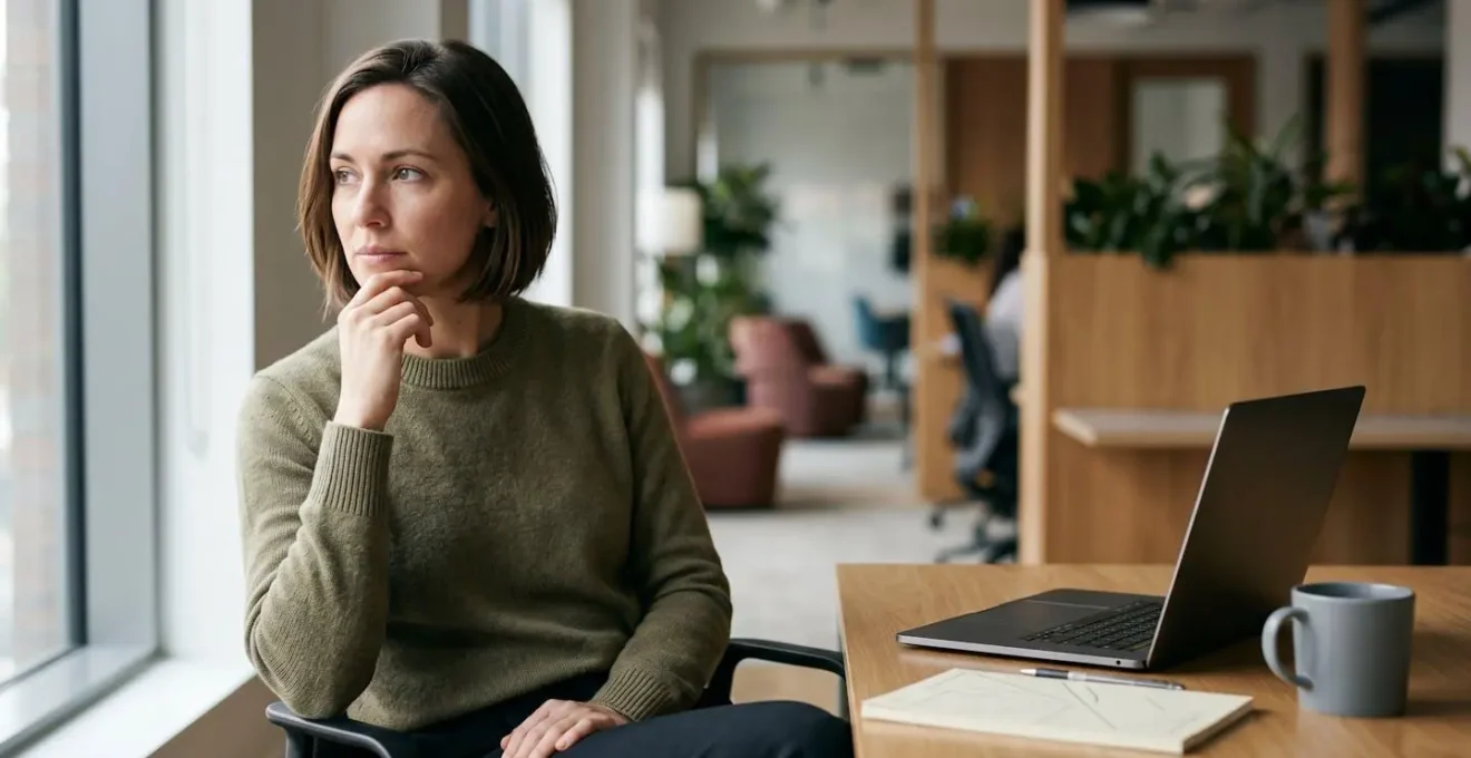 Professional employee in thoughtful moment reflecting on workplace technology change and adaptation challenges