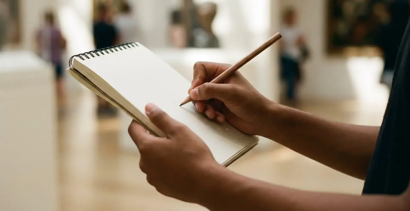 Teenager's hands holding a sketchbook and pencil while carefully observing and documenting a museum artifact, demonstrating focused analog engagement