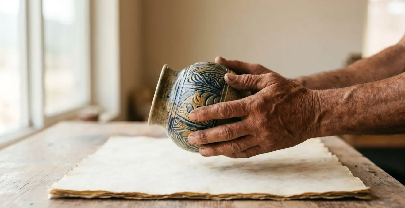 Hands holding a valuable artisan ceramic piece with certificate of authenticity