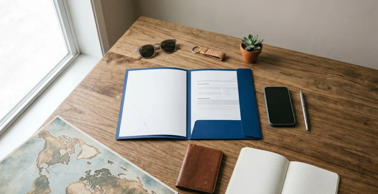 Traveler reviewing insurance documents and smartphone before departure with travel essentials