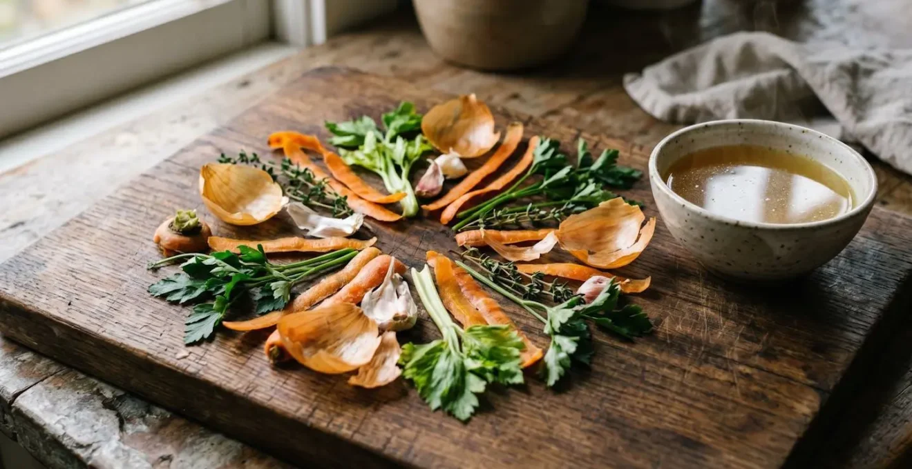 Vegetable scraps and herbs arranged for making homemade broth