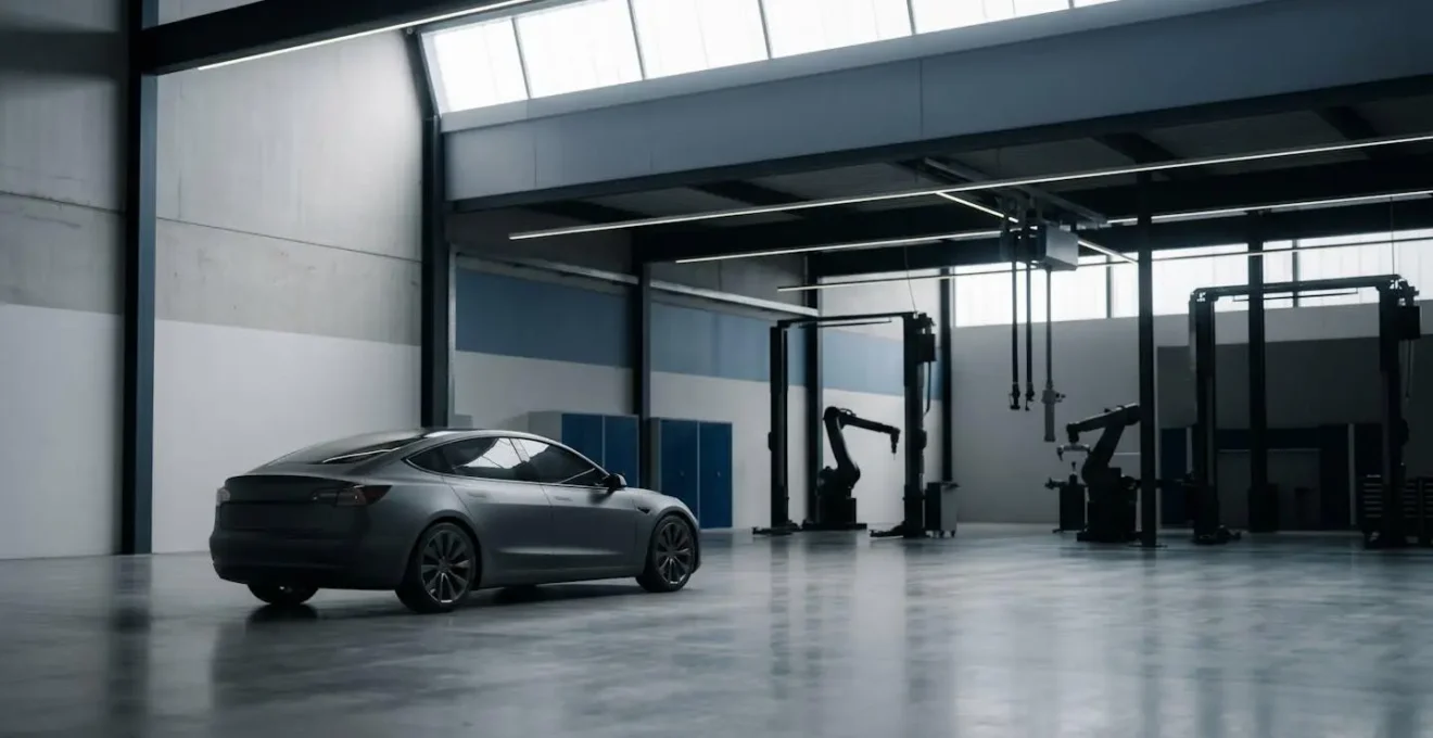 Environmental wide shot showing isolated electric vehicle in minimalist service bay with subtle technical lighting suggesting diagnostic process