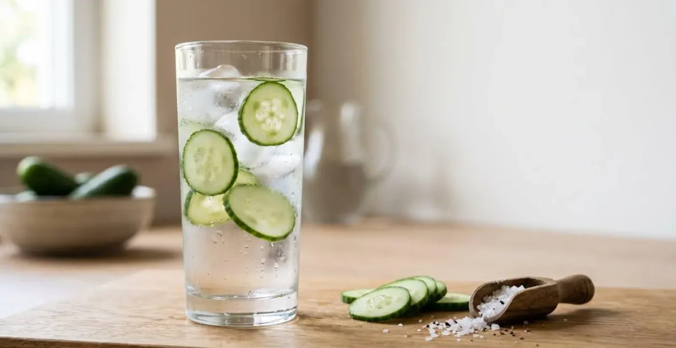 Glass of water with cucumber slices on wooden surface
