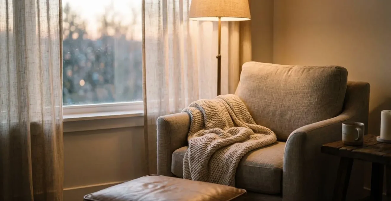 Cozy reading corner with warm ambient lighting creating peaceful wind-down atmosphere