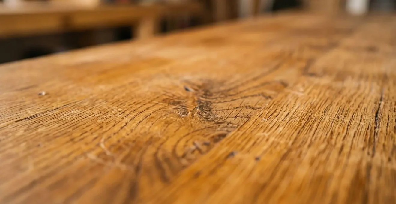 Extreme close-up macro photograph showing the natural grain and repairable surface of solid wood furniture